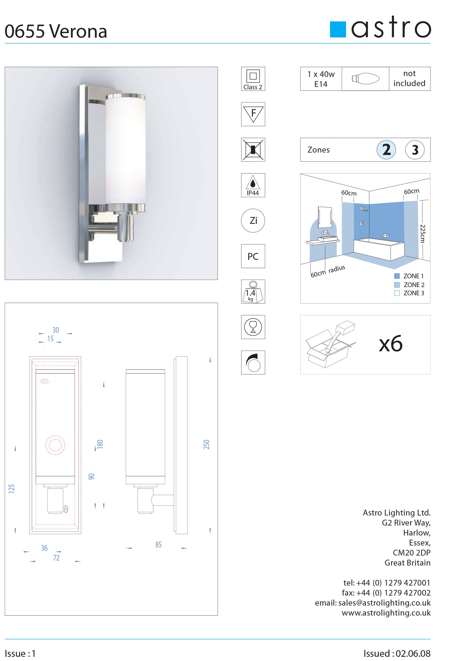 Astro Lighting Verona Bathroom Wall Light w/ Glass Diffuser