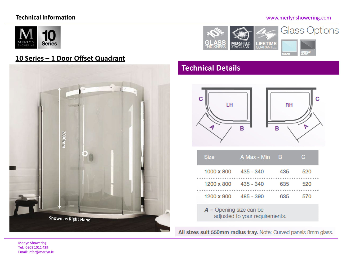 Merlyn 10 Series 1200 x 900mm 1 Door Framless Offset Quadrant Shower Enclosure Smoked Black Glass