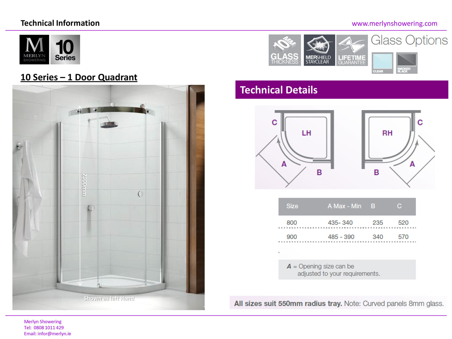 Merlyn 10 Series 900mm 1 Door Framless Quadrant Shower Enclosure Smoked Black Glass