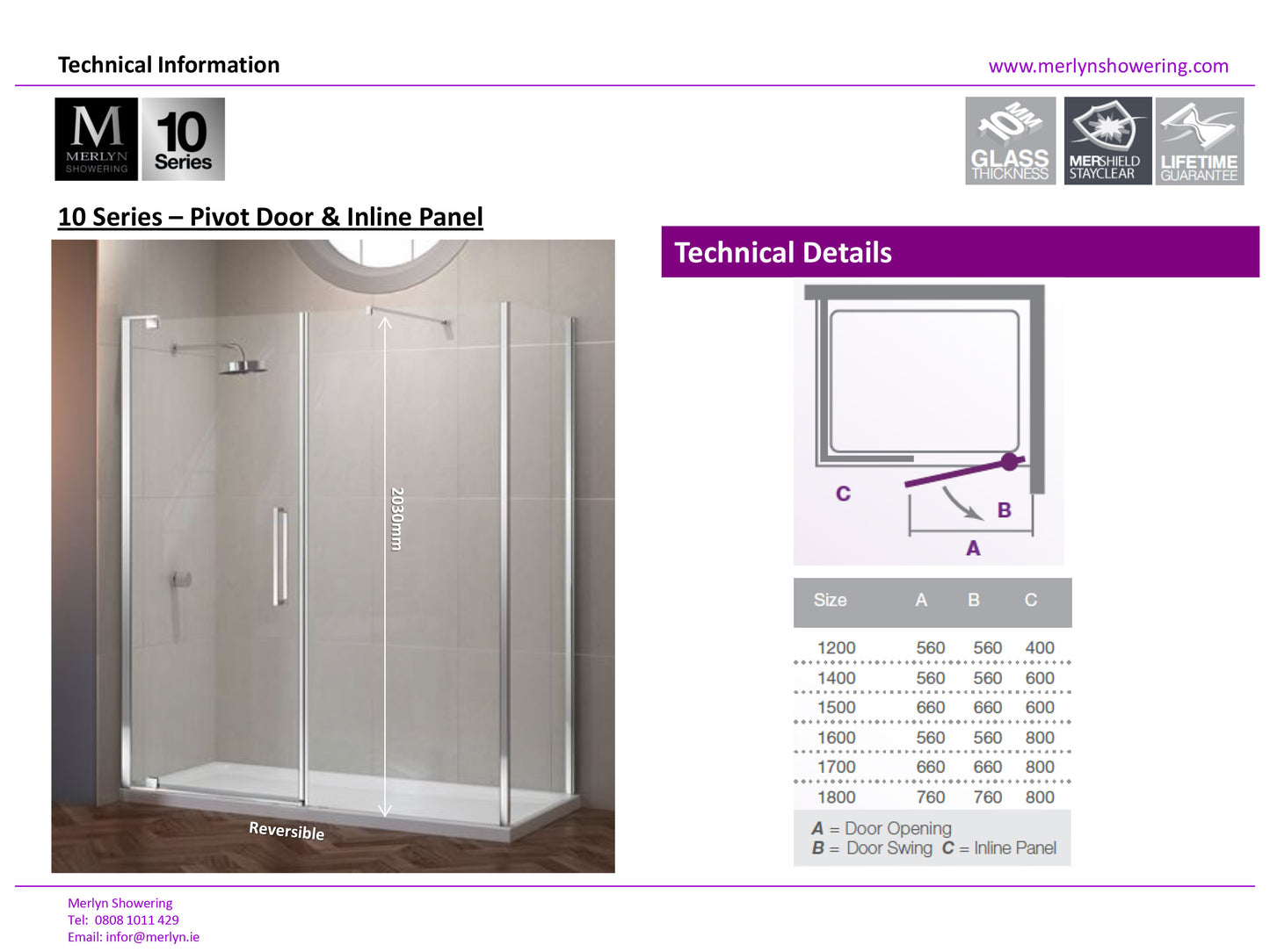 Merlyn 10 Series 1800mm Framless Pivot Shower Door & Inline Panel
