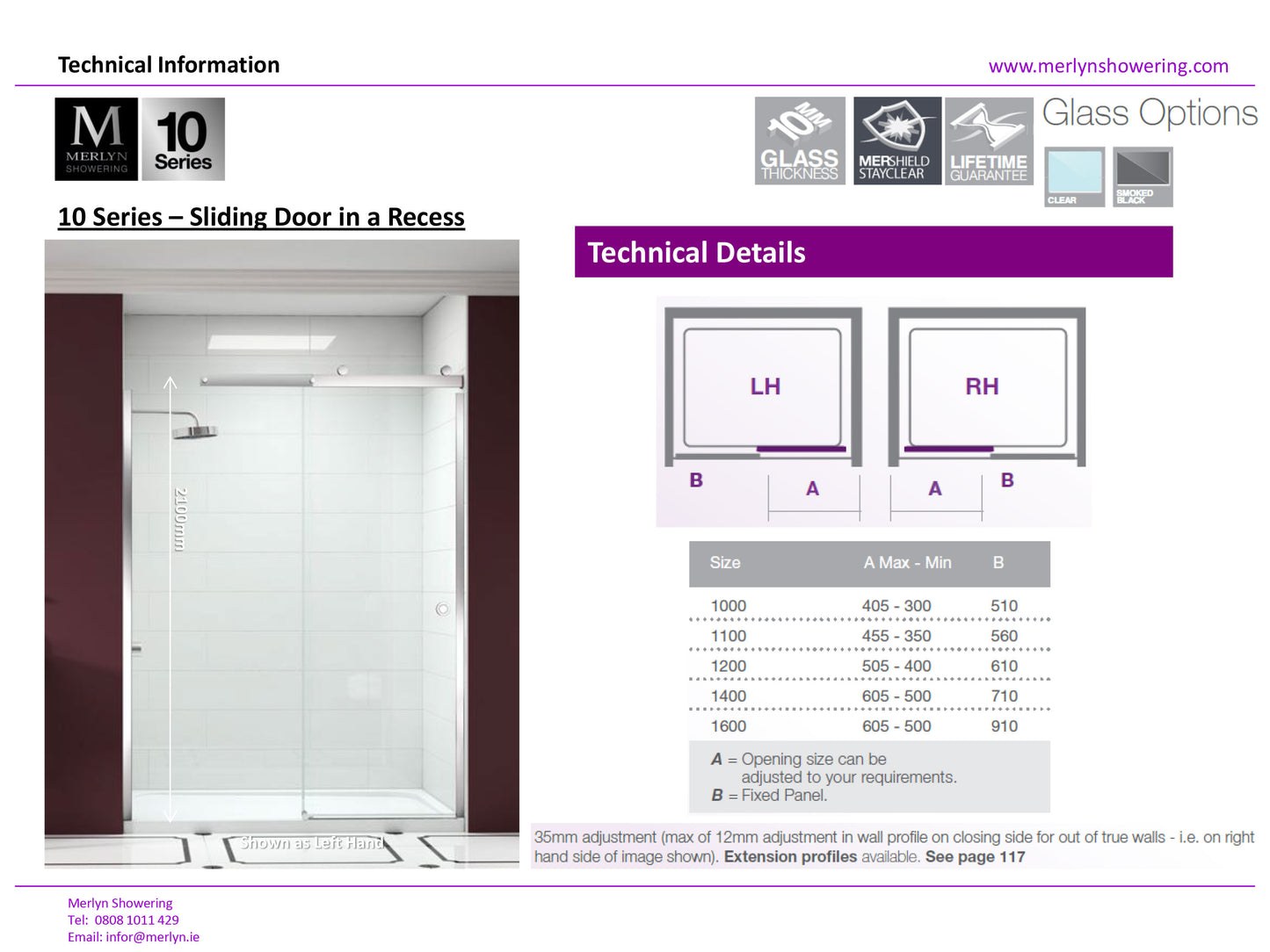 Merlyn 10 Series 1400mm Framless Sliding Shower Door Smoked Black Glass