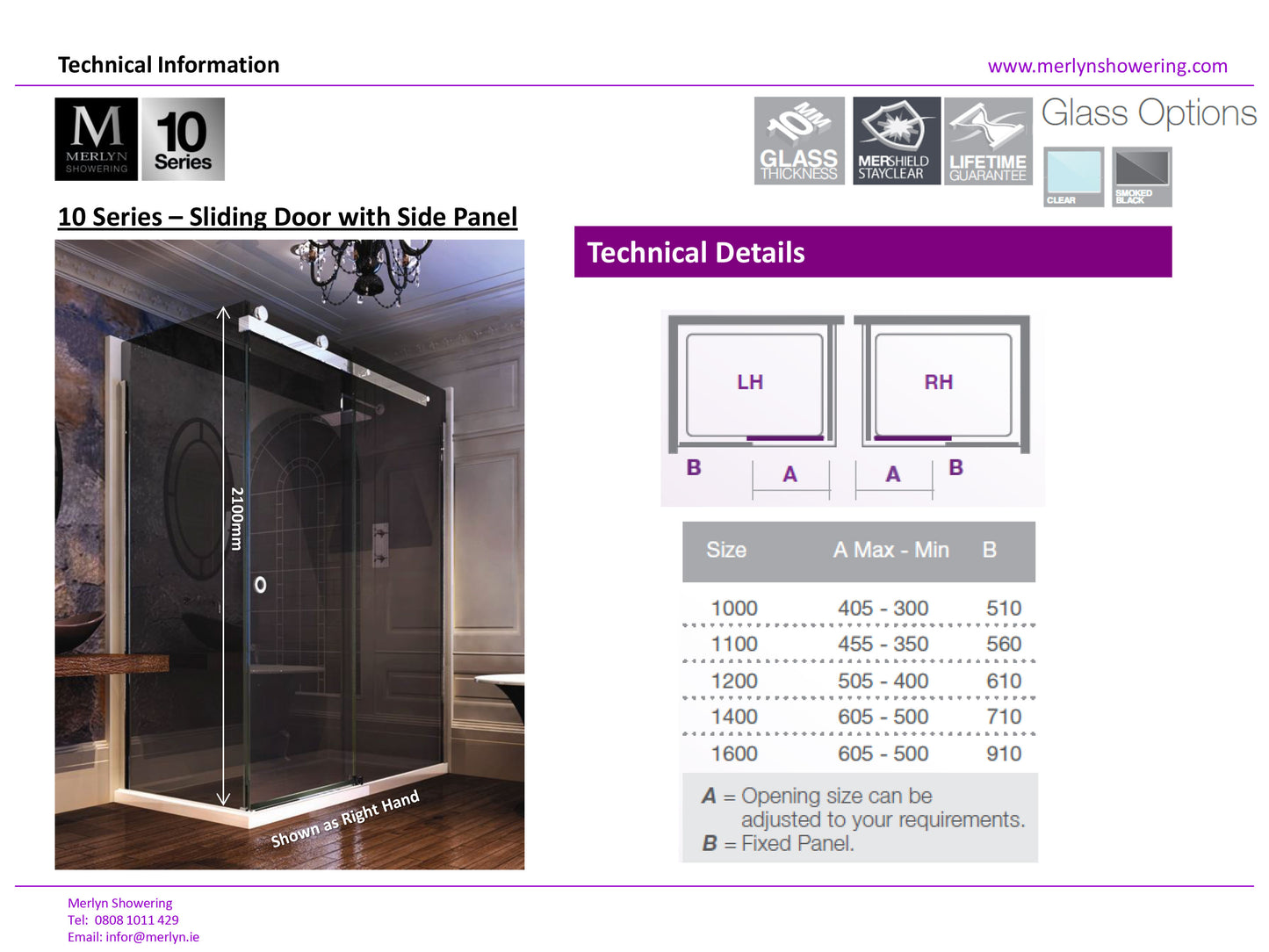 Merlyn 10 Series 1400mm Framless Sliding Shower Door Smoked Black Glass