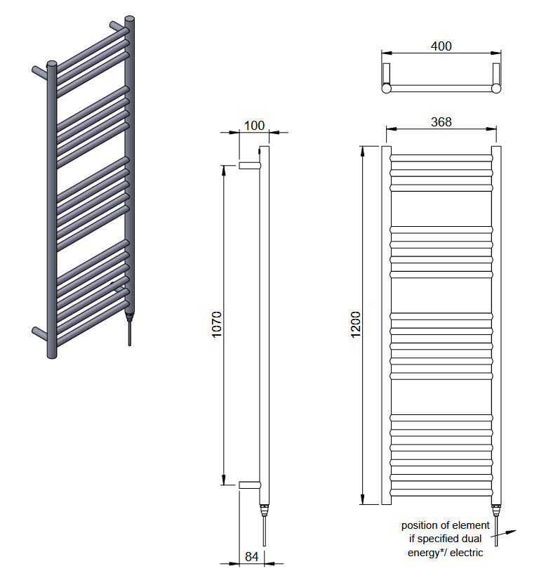 Stainless Steel Heated Towel Rail 400 x 1200mm
