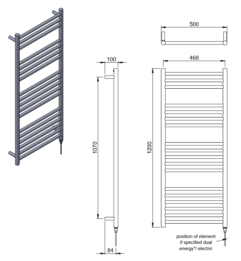 Stainless Steel Heated Towel Rail 500 x 1200mm Electric Only