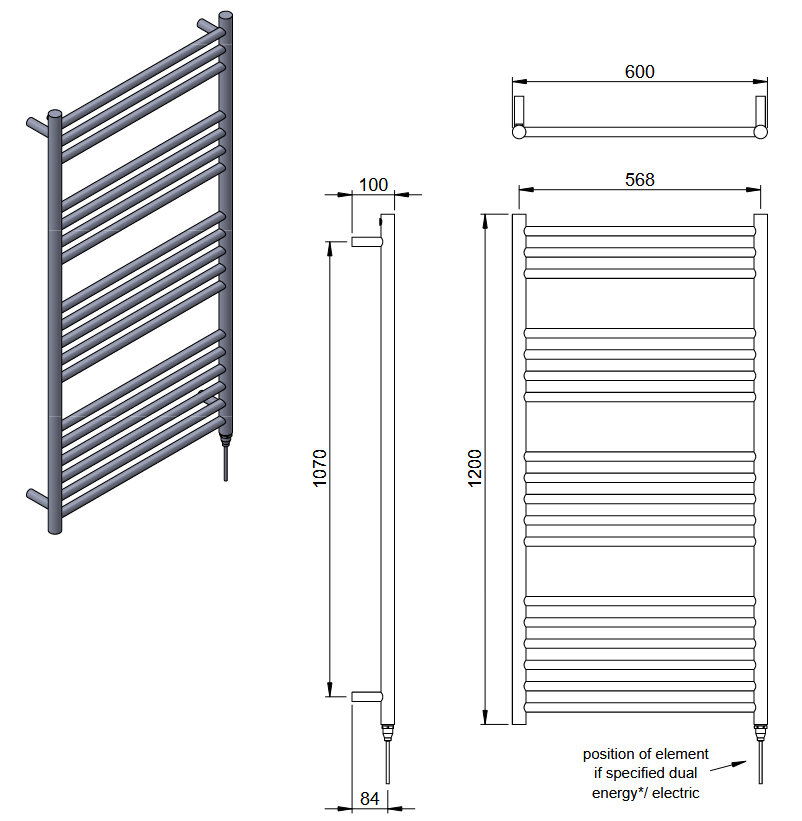 Stainless Steel Heated Towel Rail 600 x 1200mm Electric Only