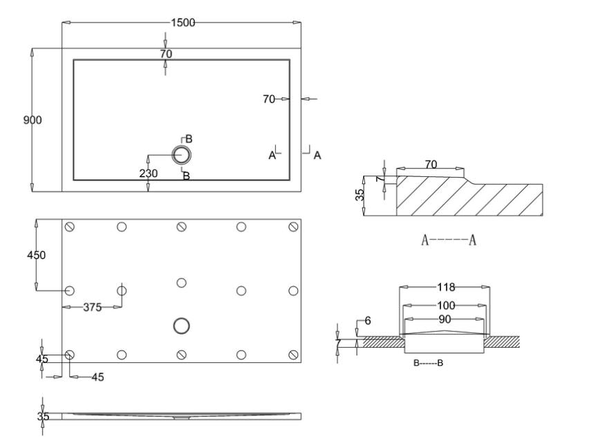 Rectangle 1500 x 900 x 35mm tray anti-slip