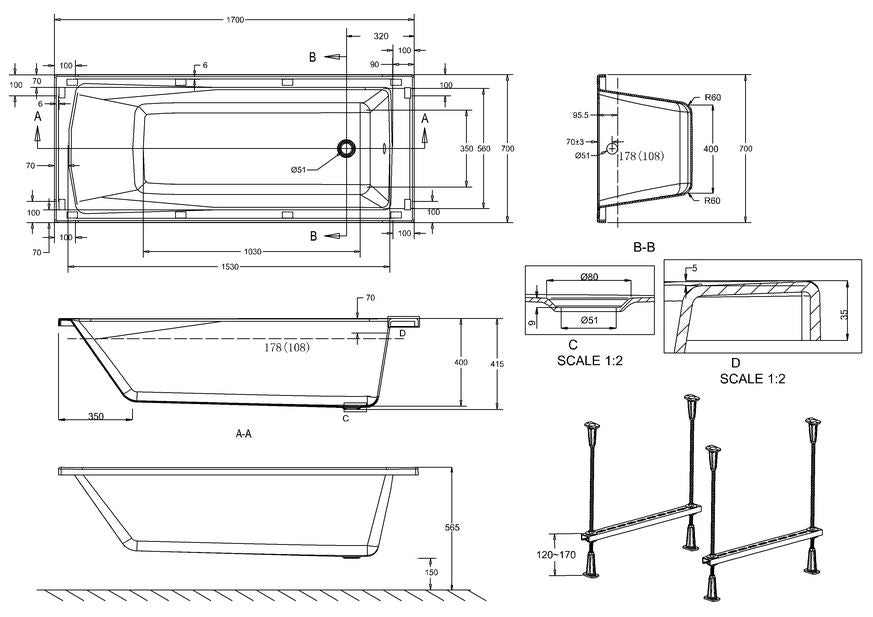 Sustain 1700mm x 700mm x 415mm Bath in White Gloss