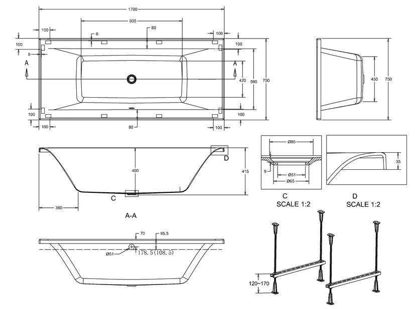 Verde 1700 x 750 x 415mm Double ended Bath - White Gloss