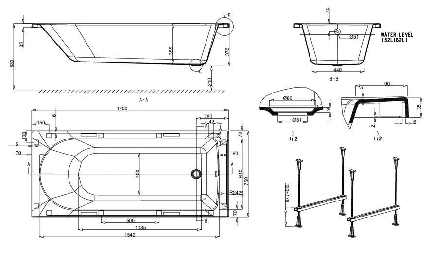Reuse 1700 x 750 x 370mm Bath - White gloss Finish