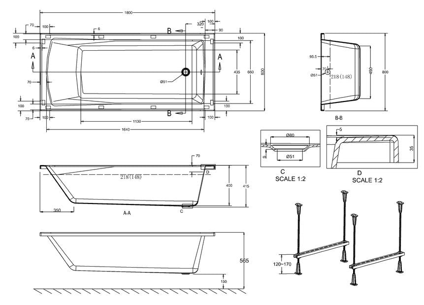 Sustain 1800 x 800 x 415mm Bath - White Gloss Finish