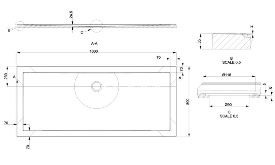 Rectangle 1800 x 800 x 35mm tray anti-slip