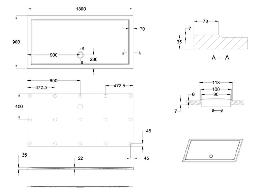 Rectangle 1800 x 900 x 35mm tray anti-slip