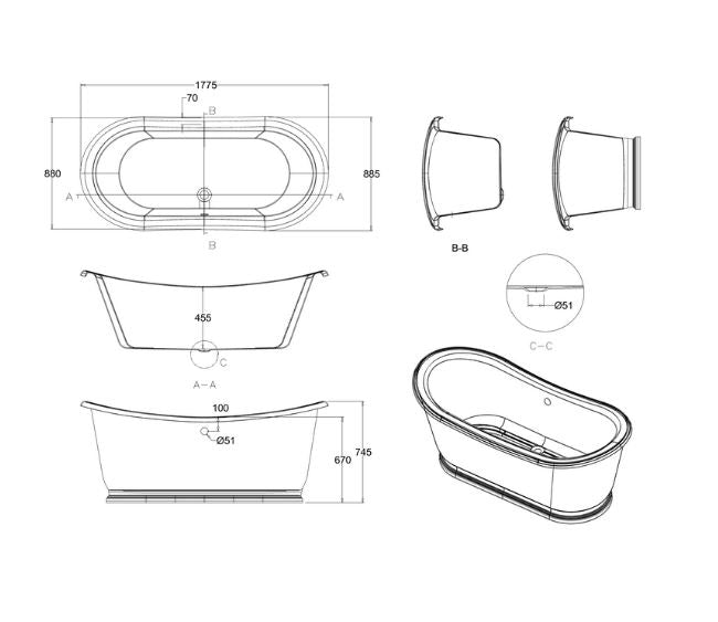 Burlington Admiral 1800 x 890mm Freestanding Roll Top Bath