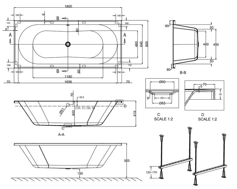 Verde 1800 x 800 x 415mm Double ended Bath - White Gloss