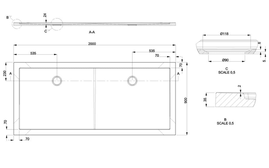 Rectangle 2000 x 1000 x 35mm (two wastes)
