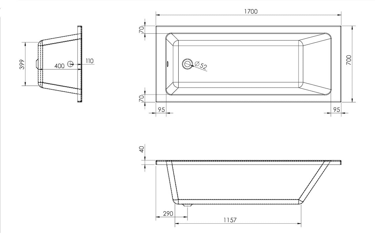 SANEUX Stetson 1700x700mm Single Ended Bath with Bath Legs