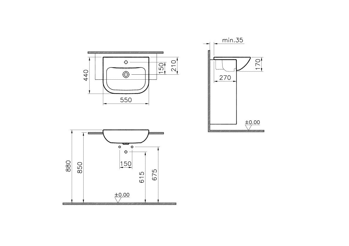 Vitra S20 550 x 440 w/ 1 Tap Hole Semi-Recessed Basin, White