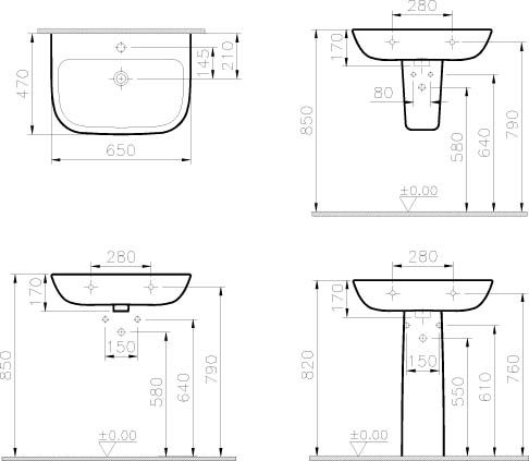 Vitra S20 650 x 470 Wash Basin 1 Tap Hole - White