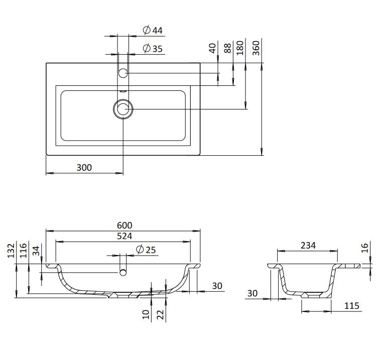 Crosswater Mada 600cm Mineral Marble Basin One Tap Hole