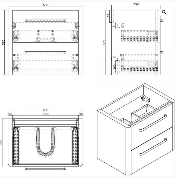 Essentials Suburb 600mm x 395mm Double Drawer Mounted Cabinet Matt Ash