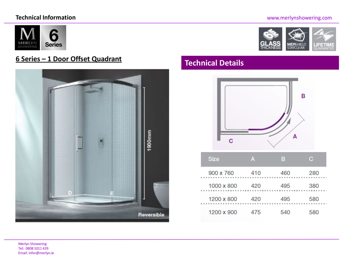 Merlyn 6 Series 1200 x 900mm 1 Door Offset Quadrant Shower Enclosure