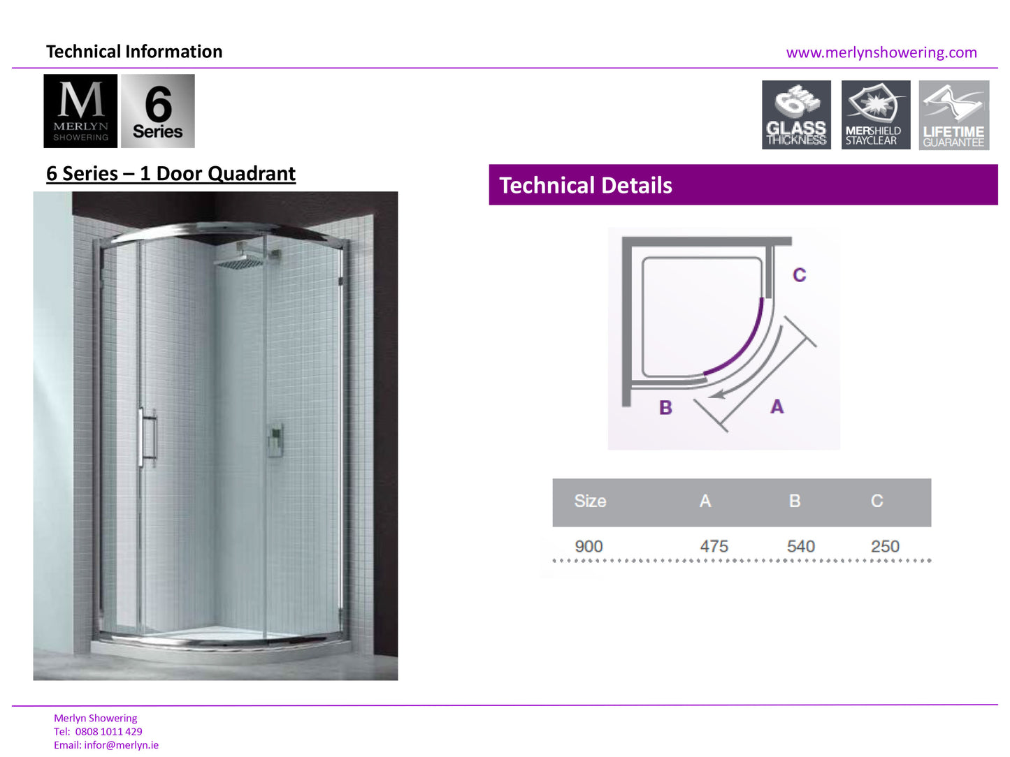 Merlyn 6 Series 900mm 1 Door Quadrant Shower Enclosure