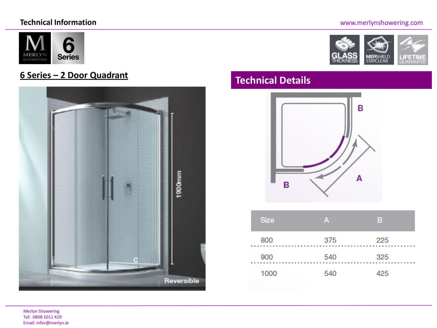 Merlyn 6 Series 800mm 2 Door Quadrant Shower Enclosure