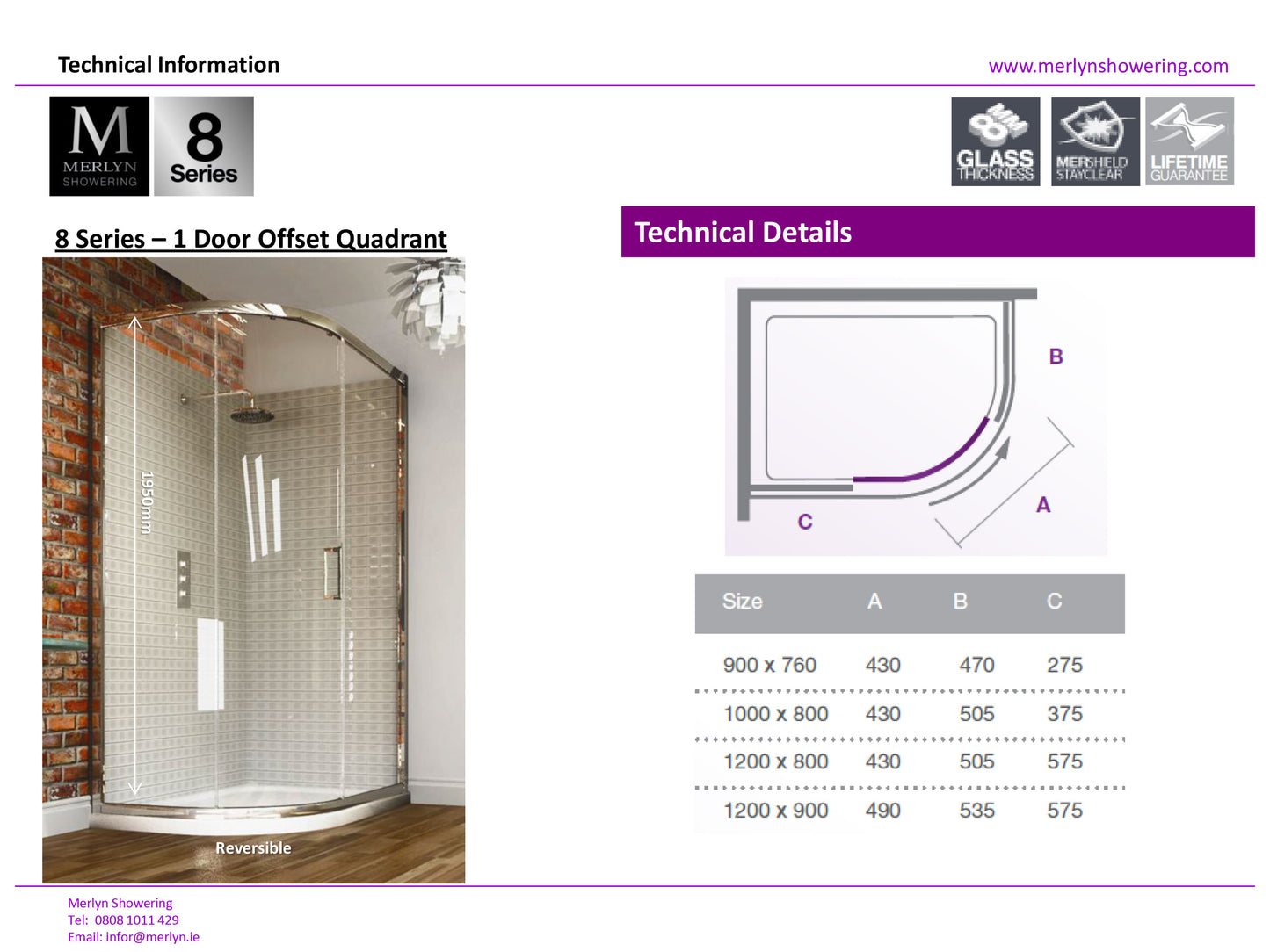 Merlyn 8 Series 1200 x 900mm 1 Door Offset Quadrant Shower Enclosure