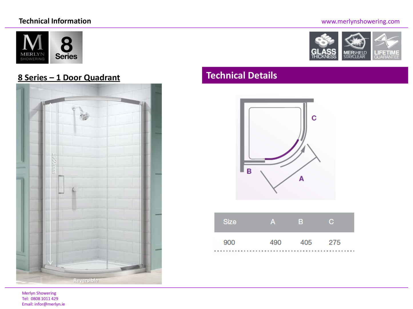 Merlyn 8 Series 900mm 1 Door Quadrant Shower Enclosure