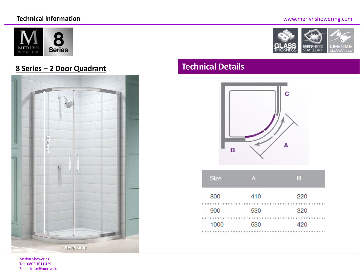 Merlyn 8 Series 800mm 2 Door Quadrant Shower Enclosure