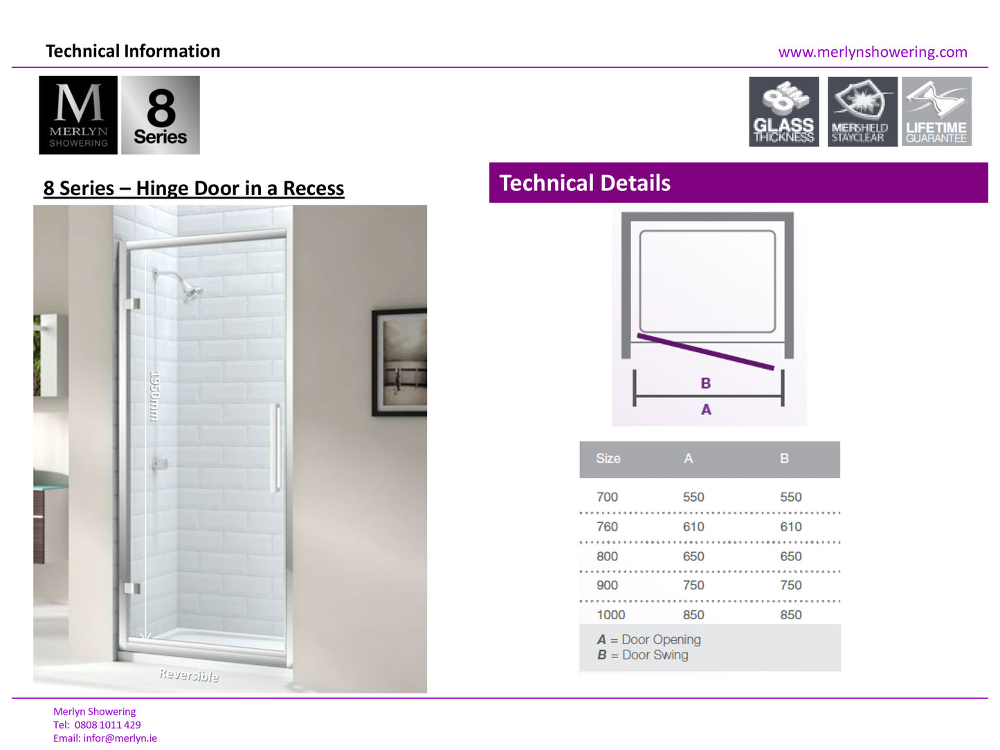 Merlyn 8 Series 700mm Hinged Shower Door