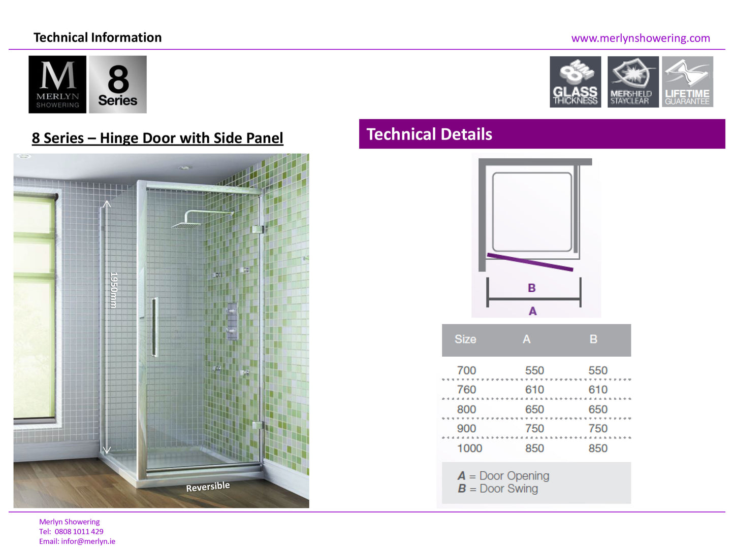 Merlyn 8 Series 700mm Hinged Shower Door