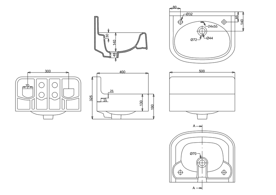 Arcade Bathrooms 500 x 400 Cloakroom Basin 2 Tap Hole With Overflow