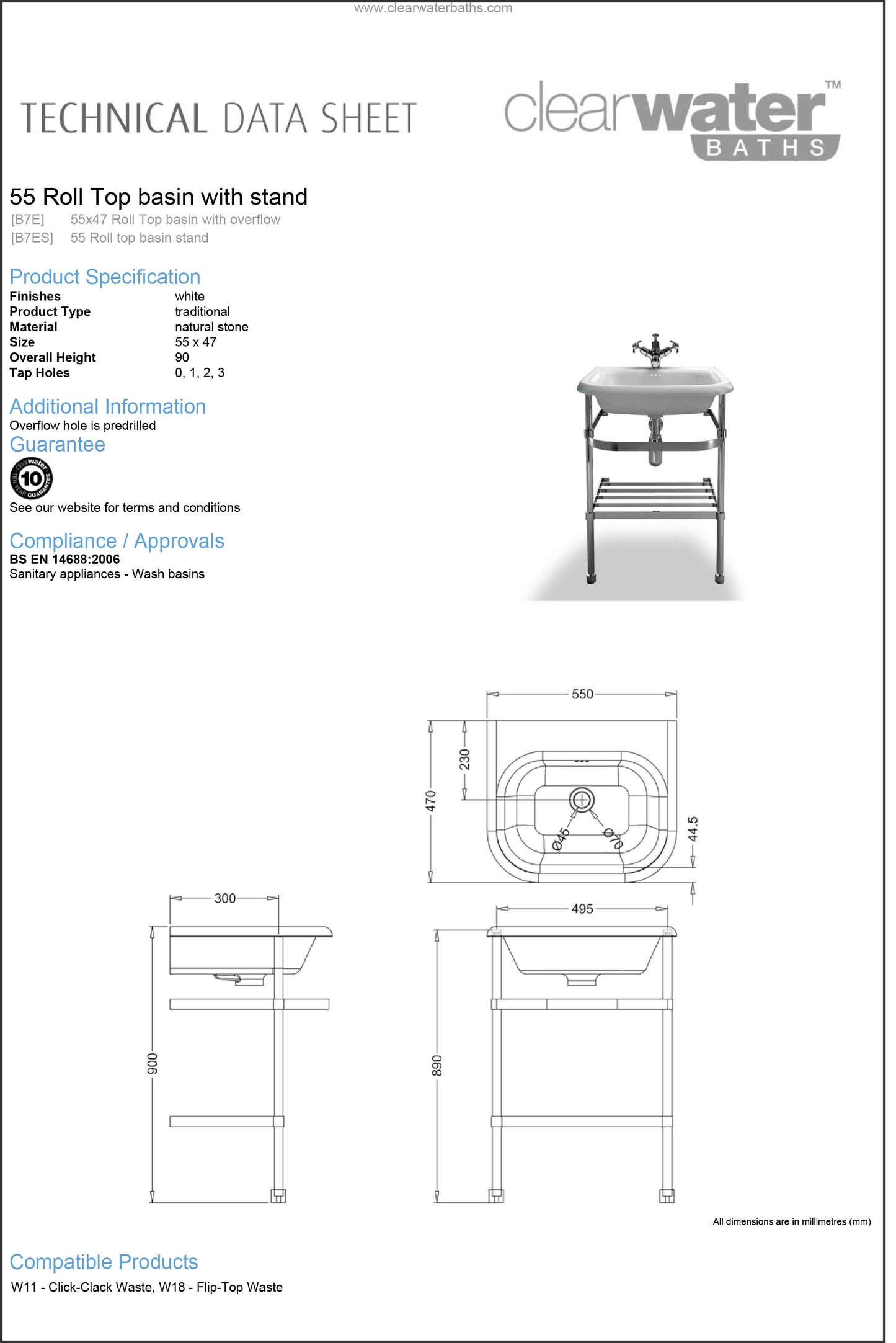 Clearwater/Burlington Wash Stand Only for 550 roll top Basin