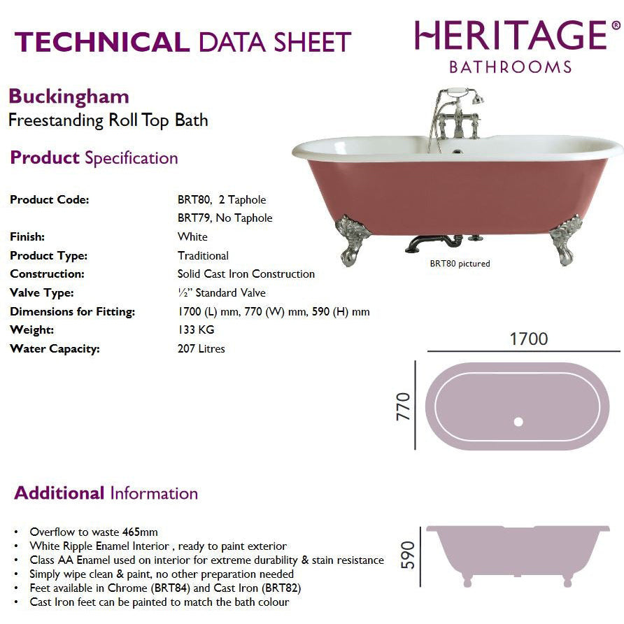 Heritage Buckingham 1700x700mm Iron Roll-Top Bath, 2 Tap