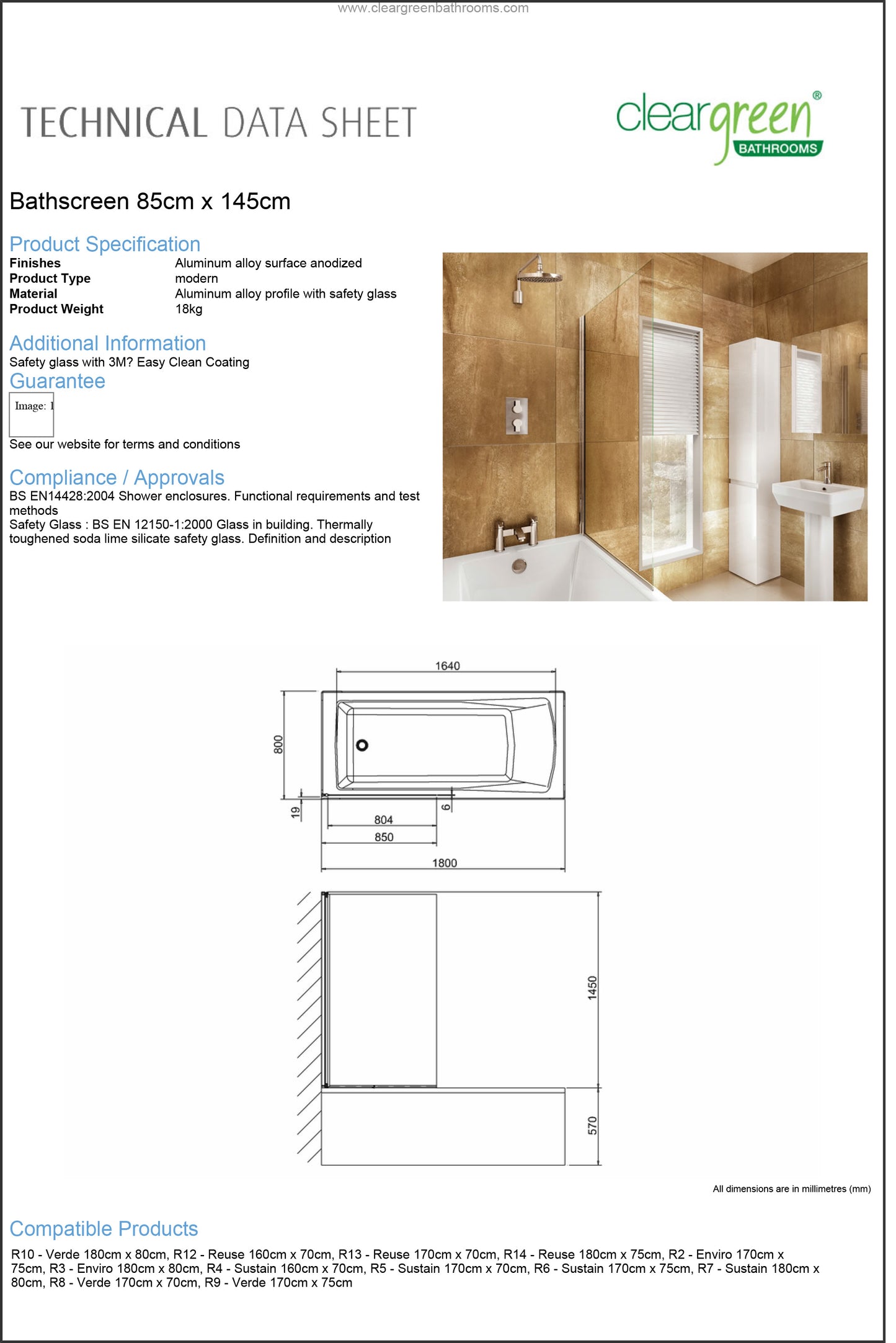 ClearGreen Single Bath Screen 1450 x 850 x 6mm