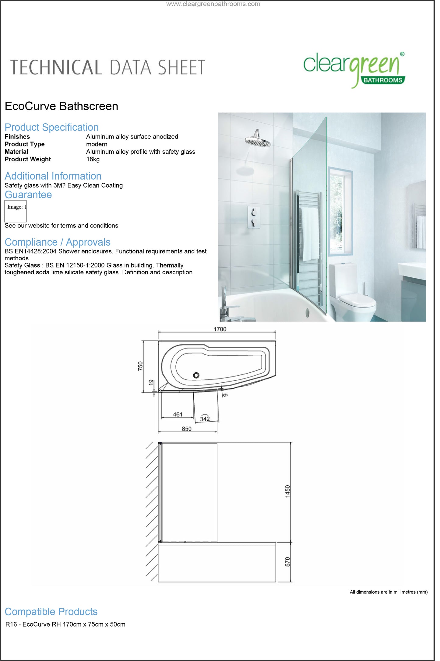 ClearGreen Eco Curve Aluminium Bathscreen for Modern Touch