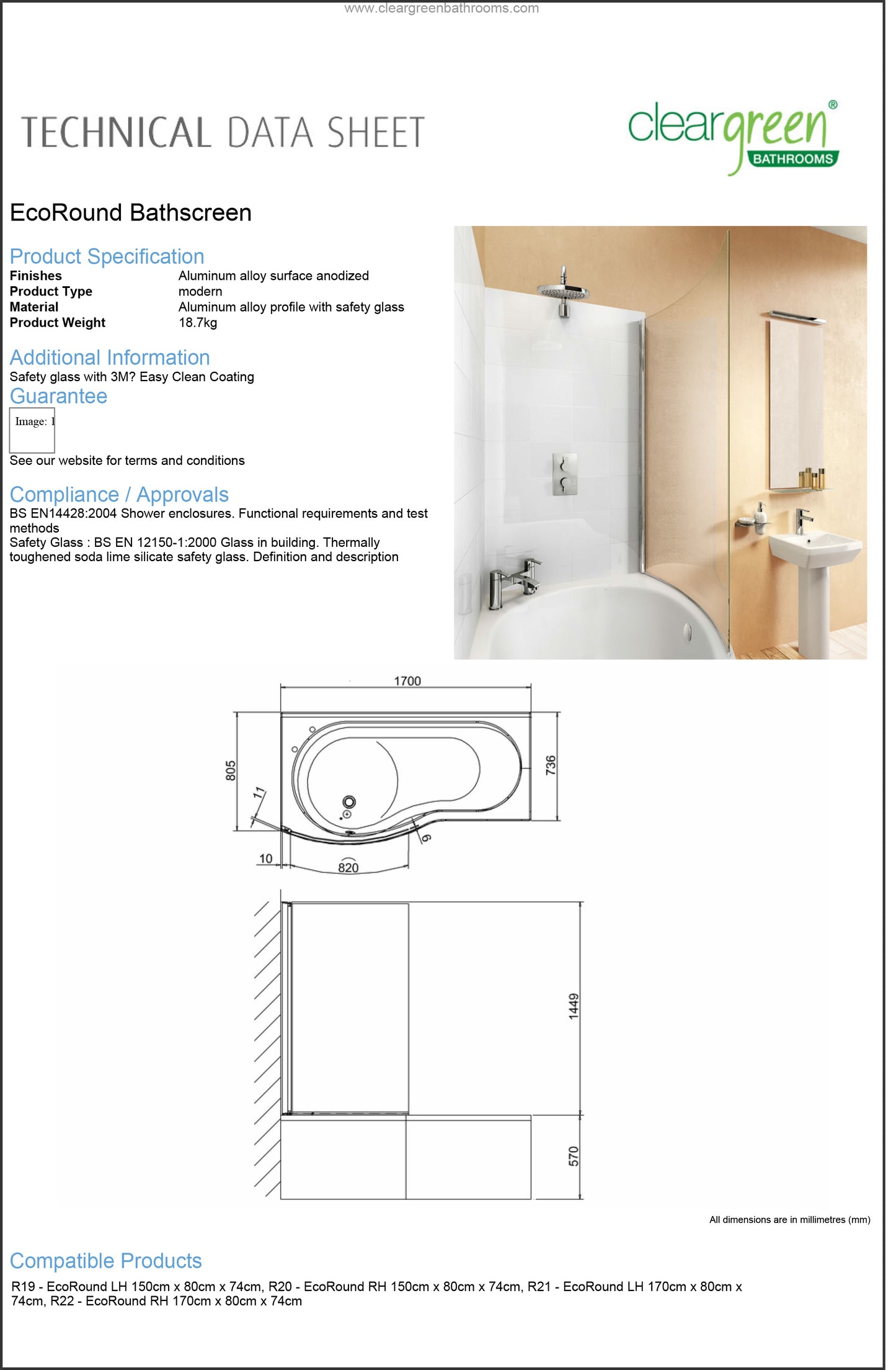 ClearGreen EcoRound 1450mmx 820mm Aluminium Bathscreen