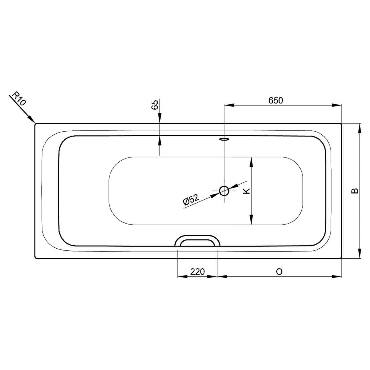 Bette Select Bath with Side Overflow, Drawing