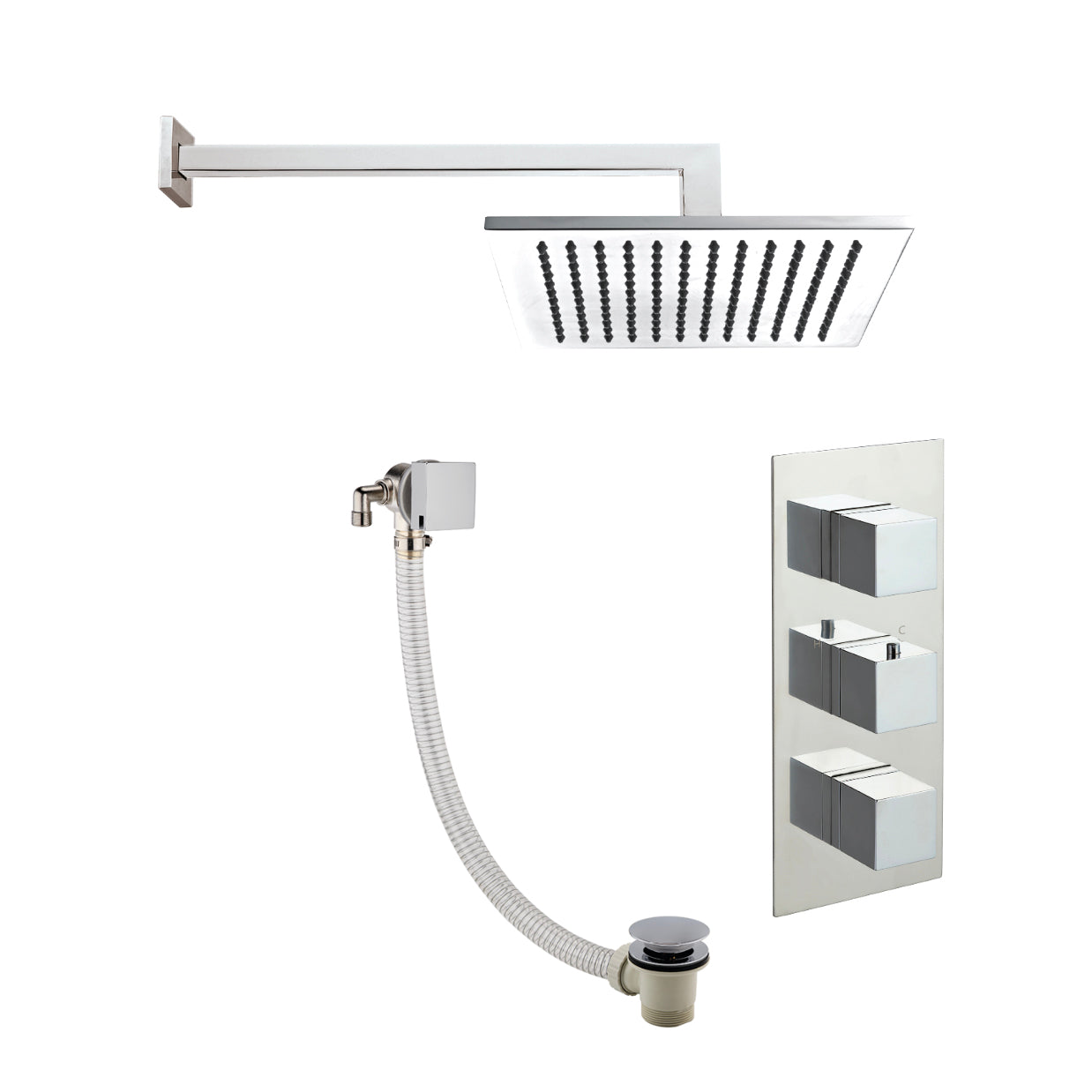 Just Taps Plus Athena Thermostatic Concealed 2 Outlets Shower Valve, Slimline Exofil Click Clack, Square Shower Arm 400mm, Overhead Shower 200mm x 200mm