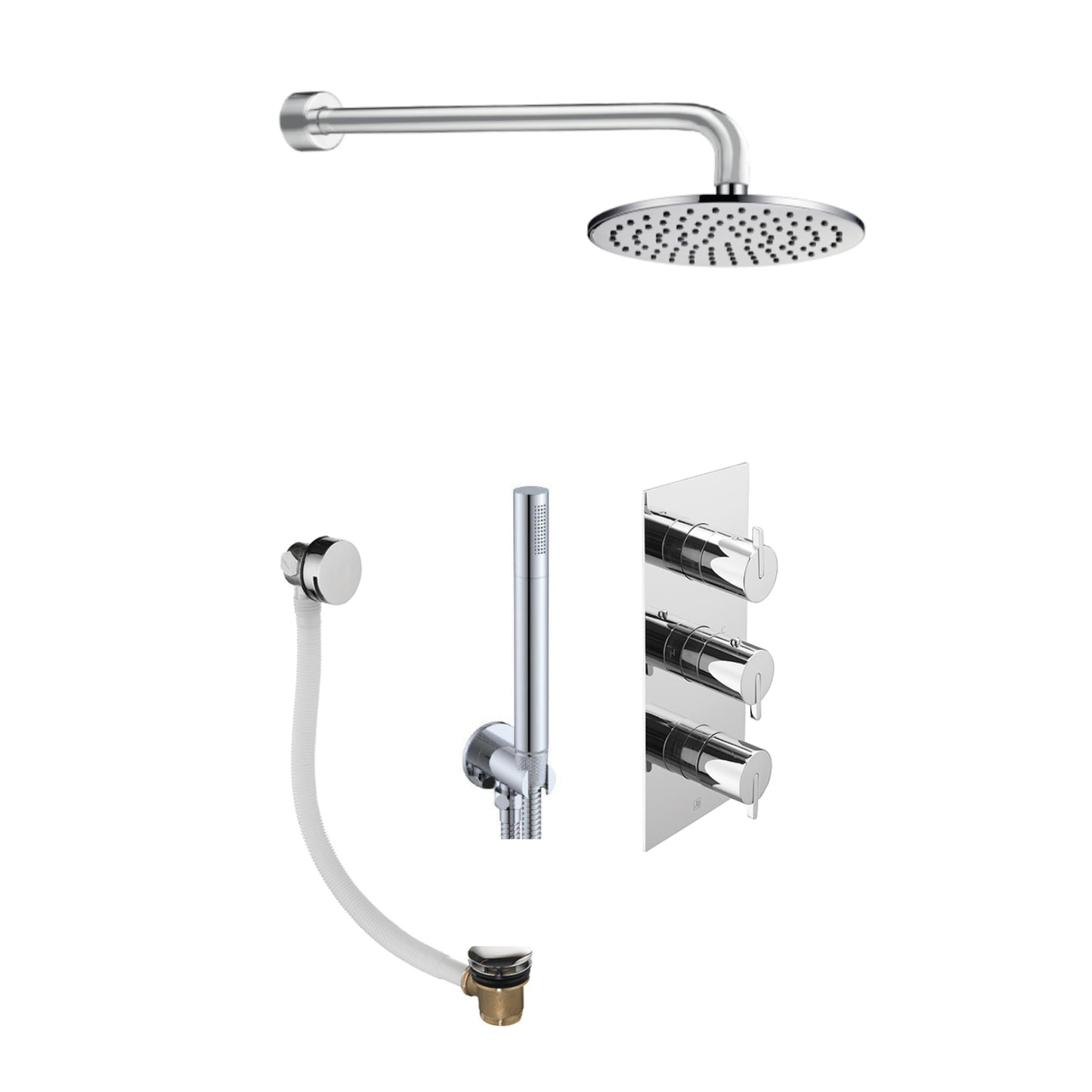 Just Taps Plus KIO 2 Outlet Shower Valve, Arm 300Mm, Overhead Shower 200Mm, Water Outlet and Holder, Exofil Click Clack