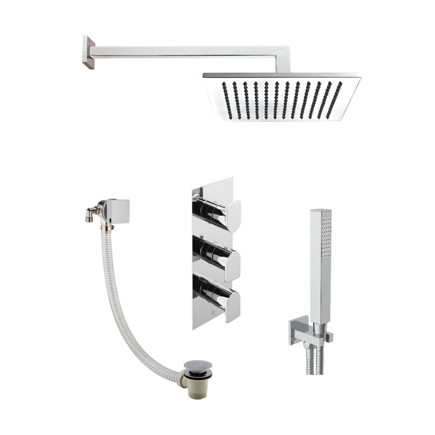 Just Taps Plus Form 2 Outlet Shower Valve, Arm 400mm, Overhead Shower 200mm, Water Outlet and Holder, Exofil Click Clack