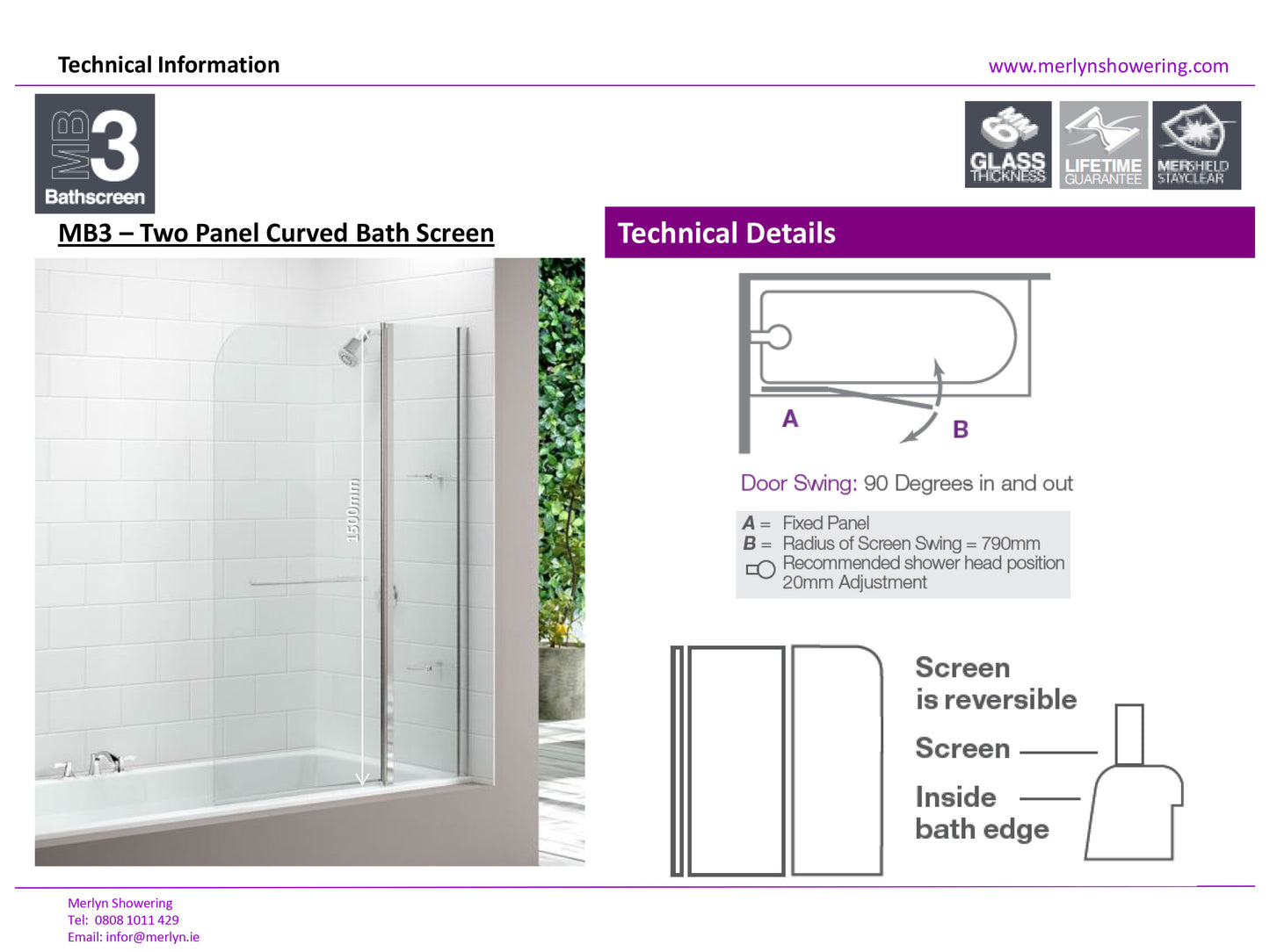 Merlyn 2 Panel Curved Bath Shower Screen