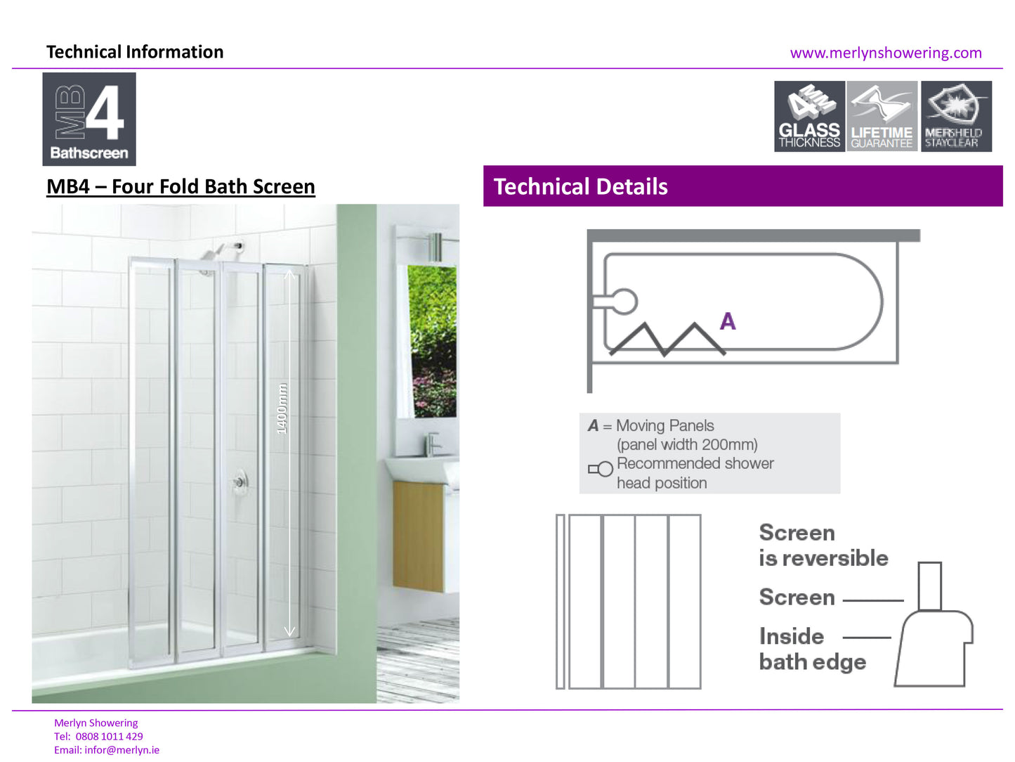 Merlyn 4 Fold Bath Shower Screen Silver Frame With Clear Glass