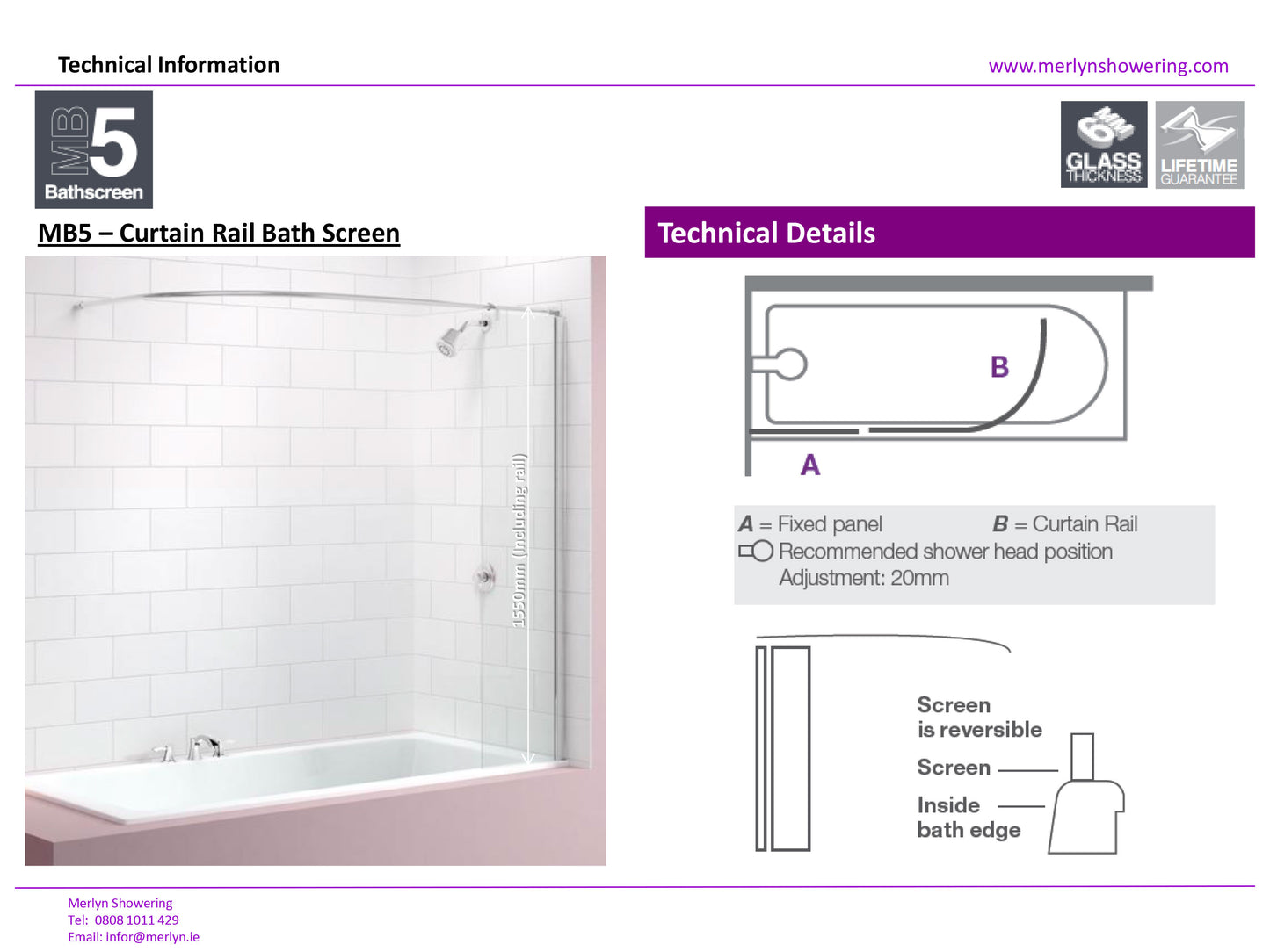 Merlyn Curtain Rail Bath Shower Screen