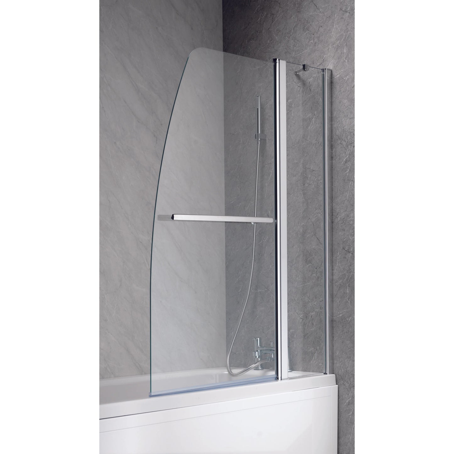 Ascent Half Sail 6mm Double Curved Hinged Bath Screen Silver Frame, Clear Glass With Towel Bar