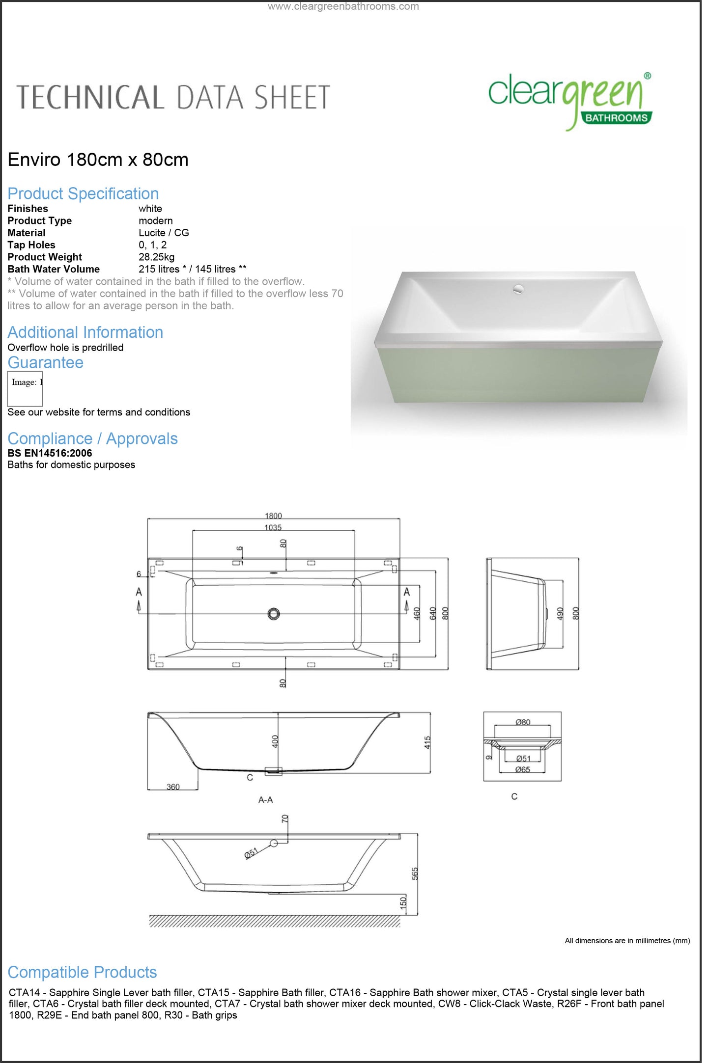 ClearGreen Verde 1800 x 800mm Acrylic Double Ended Bath