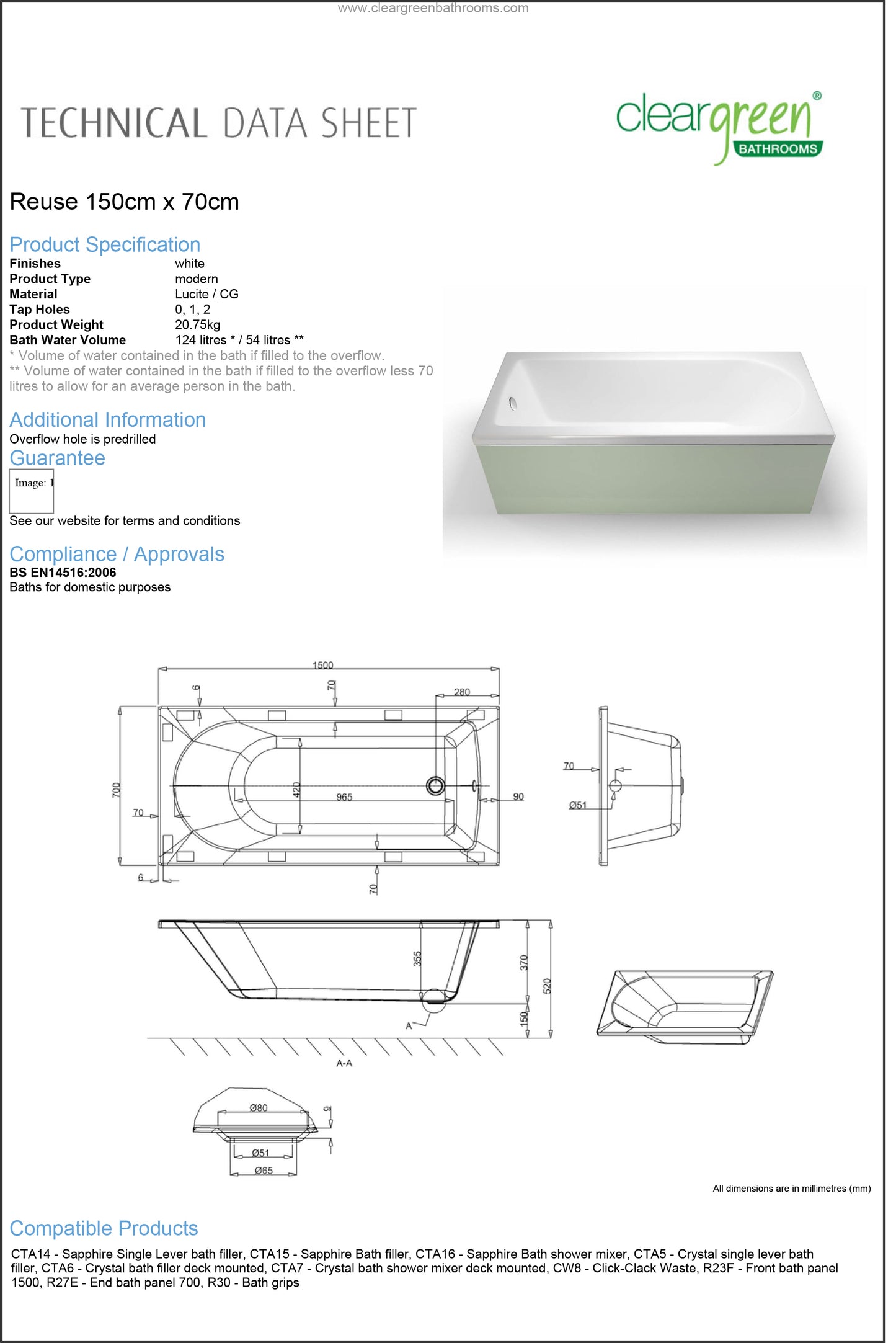 ClearGreen Reuse 1500 x 700mm Acrylic Single Ended Bath