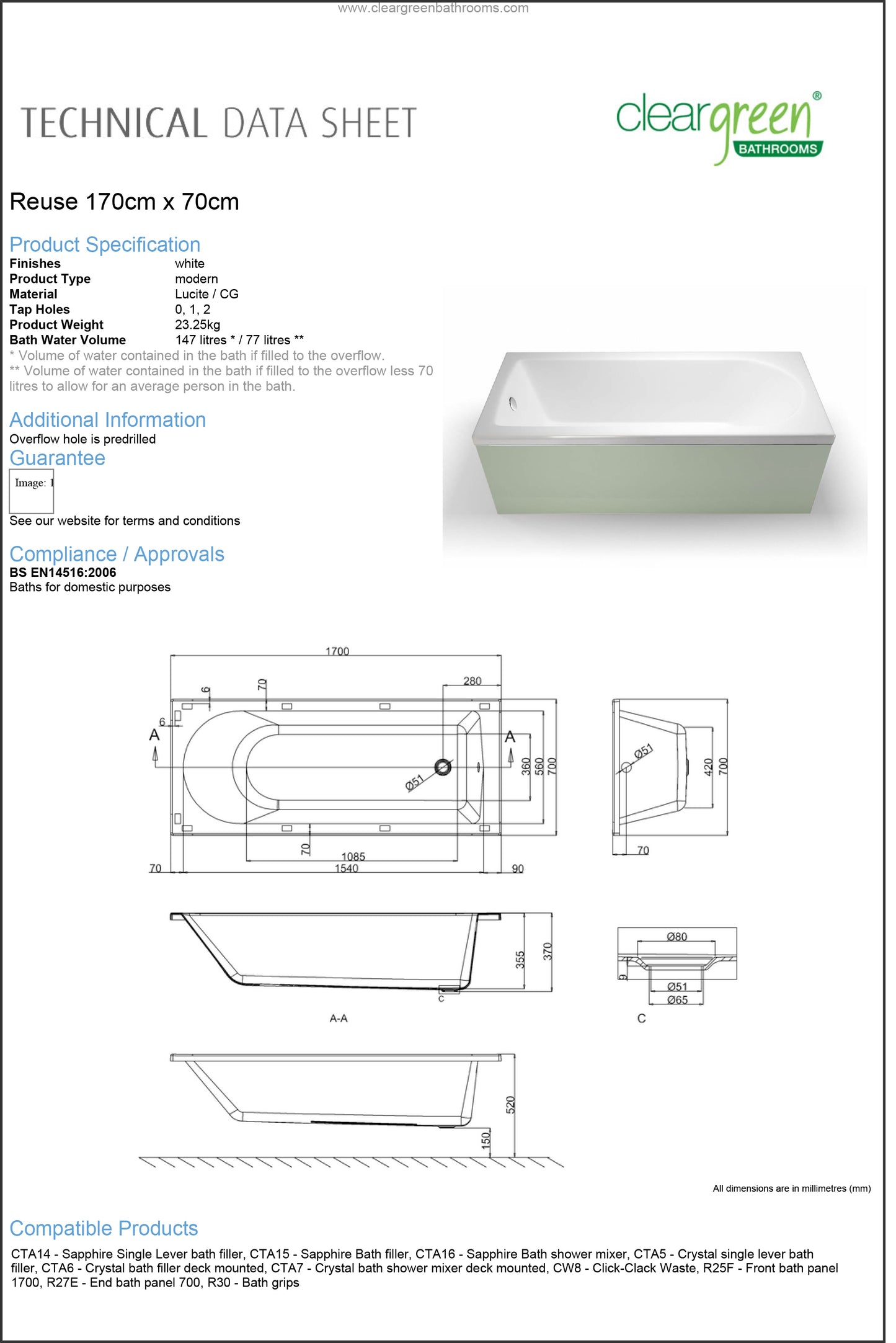ClearGreen Reuse 1700 x 700mm Acrylic Single Ended Bath