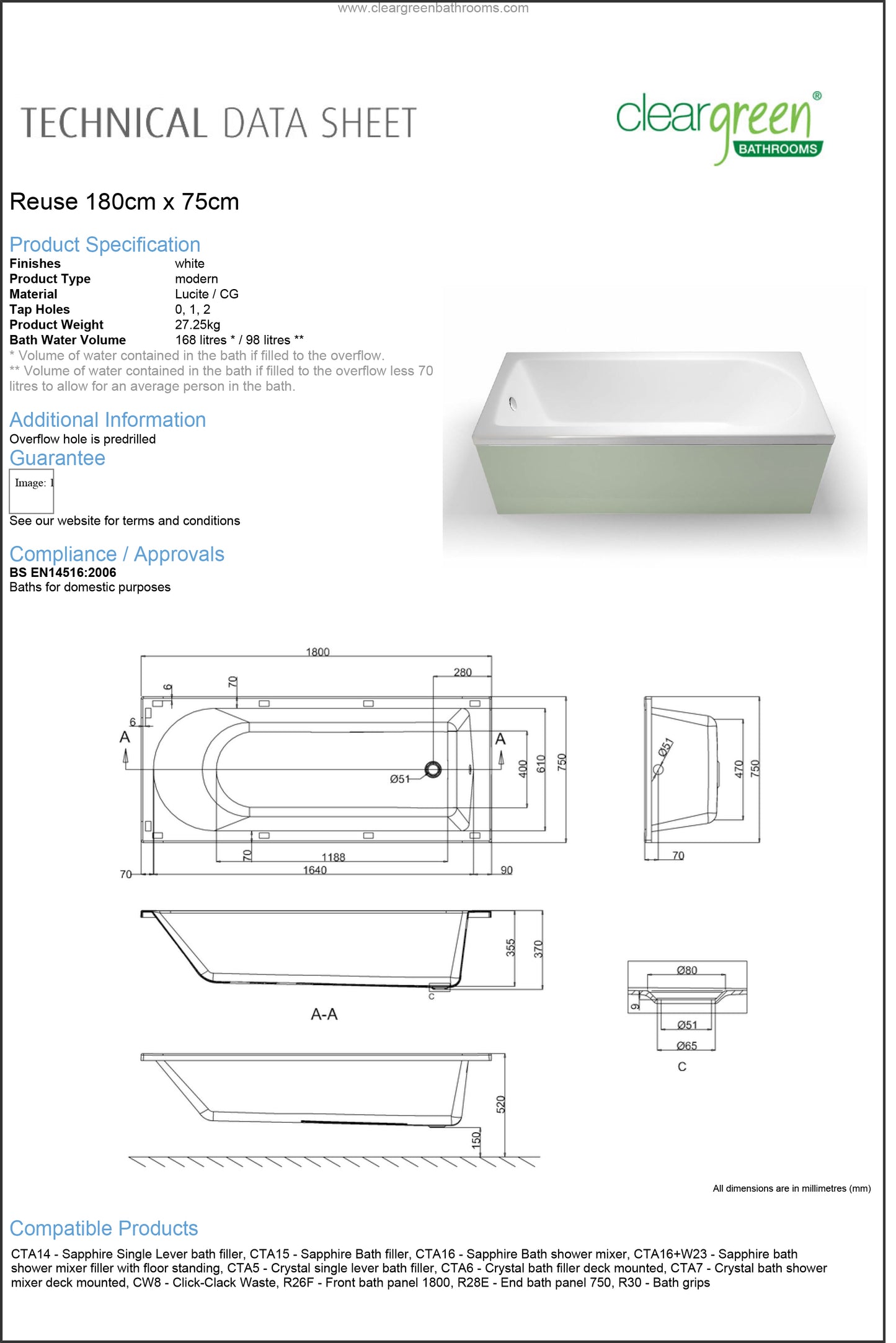 ClearGreen Reuse 1800 x 750mm Acrylic Single Ended Bath